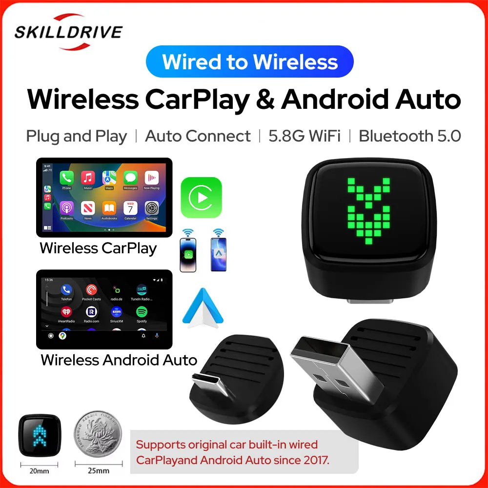 

Skilldrive 2026 Ultra Mini Wireless CarPlay Apapter USB CarPlay Android Auto Type-C Порт преобразует проводной в беспроводной Plug & Play