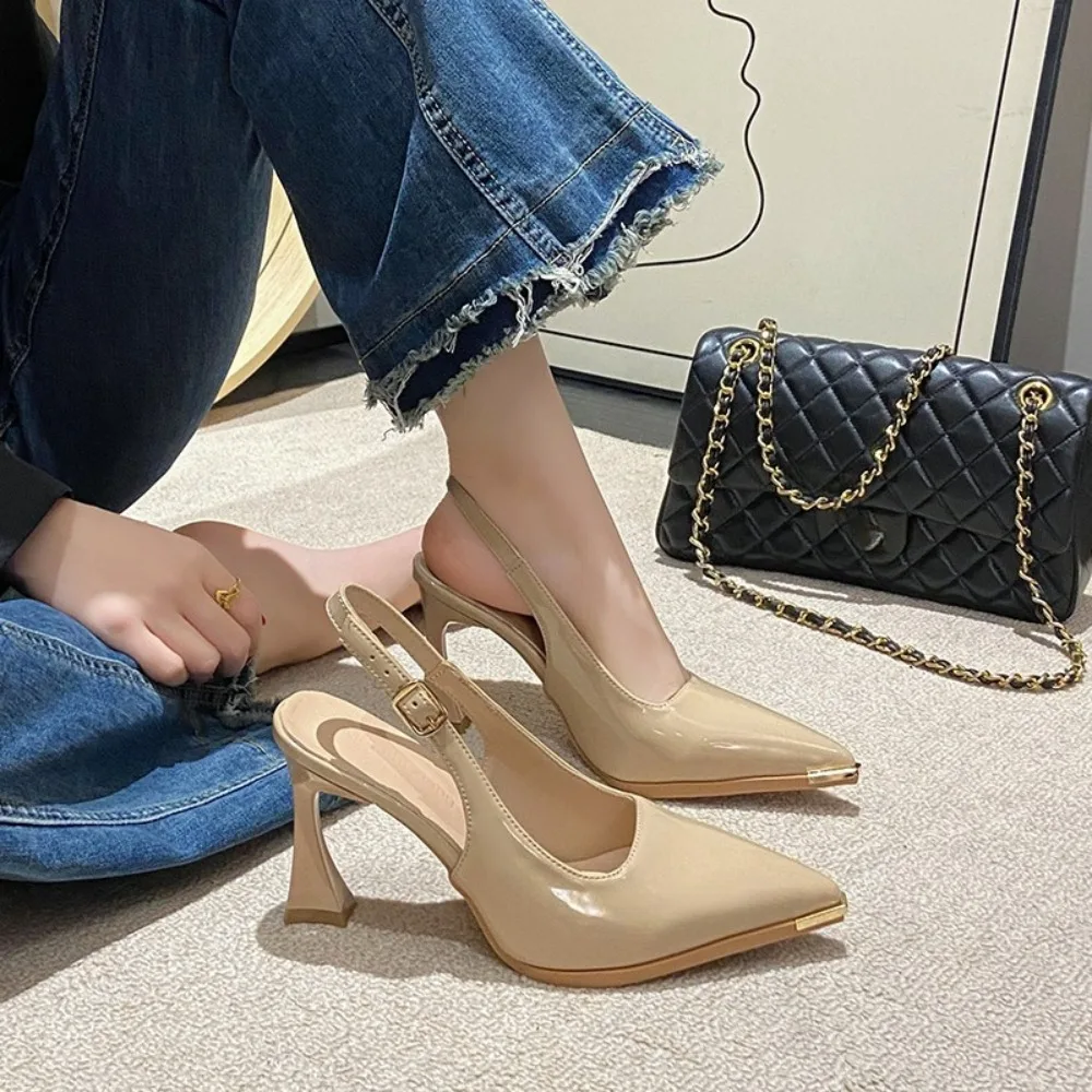 

Sexy Red Wine Color Wrap Head Sandals Women's Back Strap Patent Leather Match All Season Horse Hoof Heel Pointed Toe High Heels