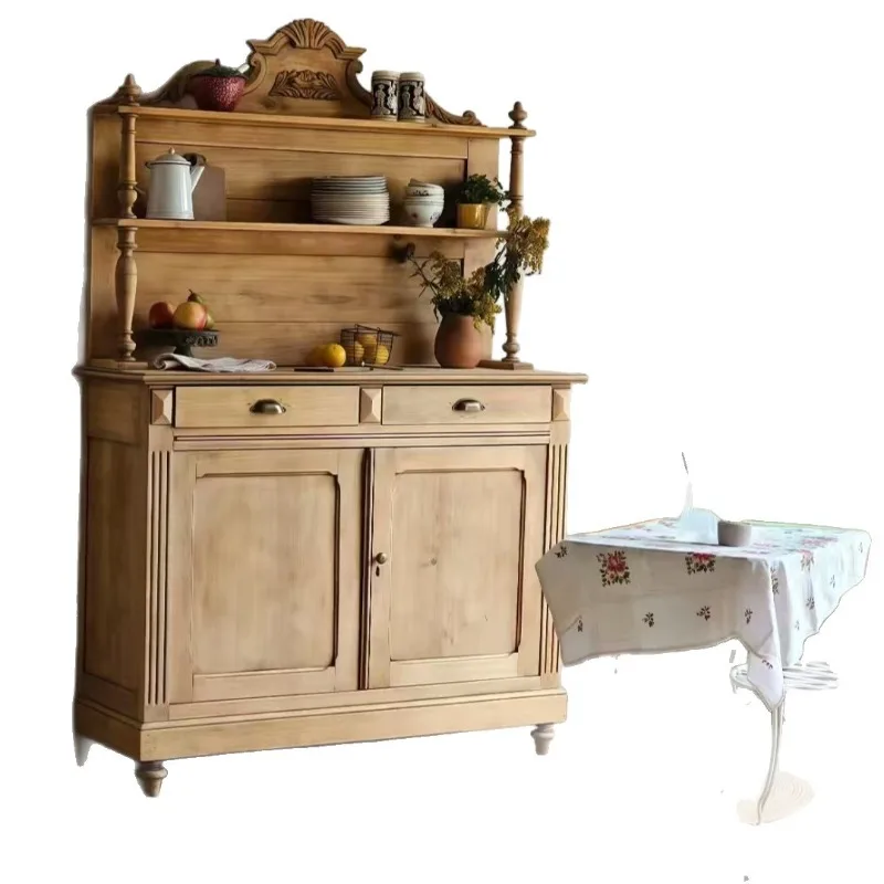 

American retro solid wood dining side cupboard, living room display locker ancient