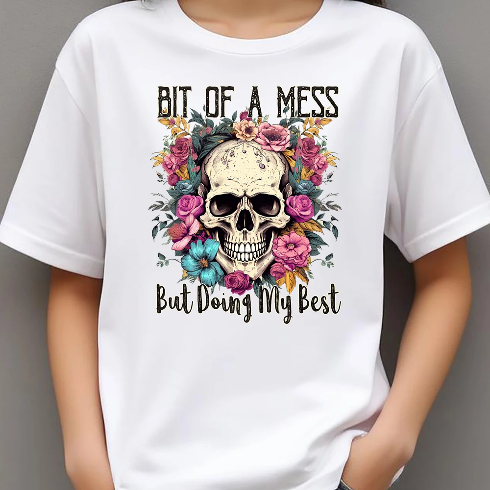 Punk Style Flower Skeleton Skull Head Heat Transfer Patches For Clothes DIY A-Level Washable T-shirts Iron-on Thermal Stickers