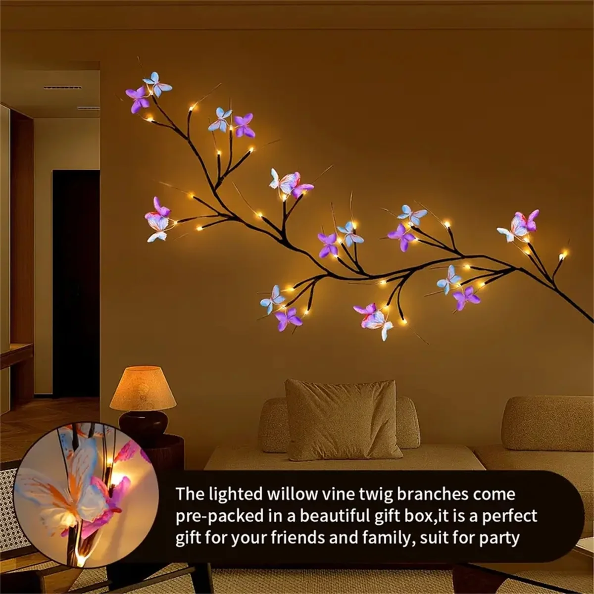 1pc Willow Vine Light With Butterfly Tree Branch Light 8 Modes 30led USB Operated Fairy Light For Home  Party Holiday Decoration