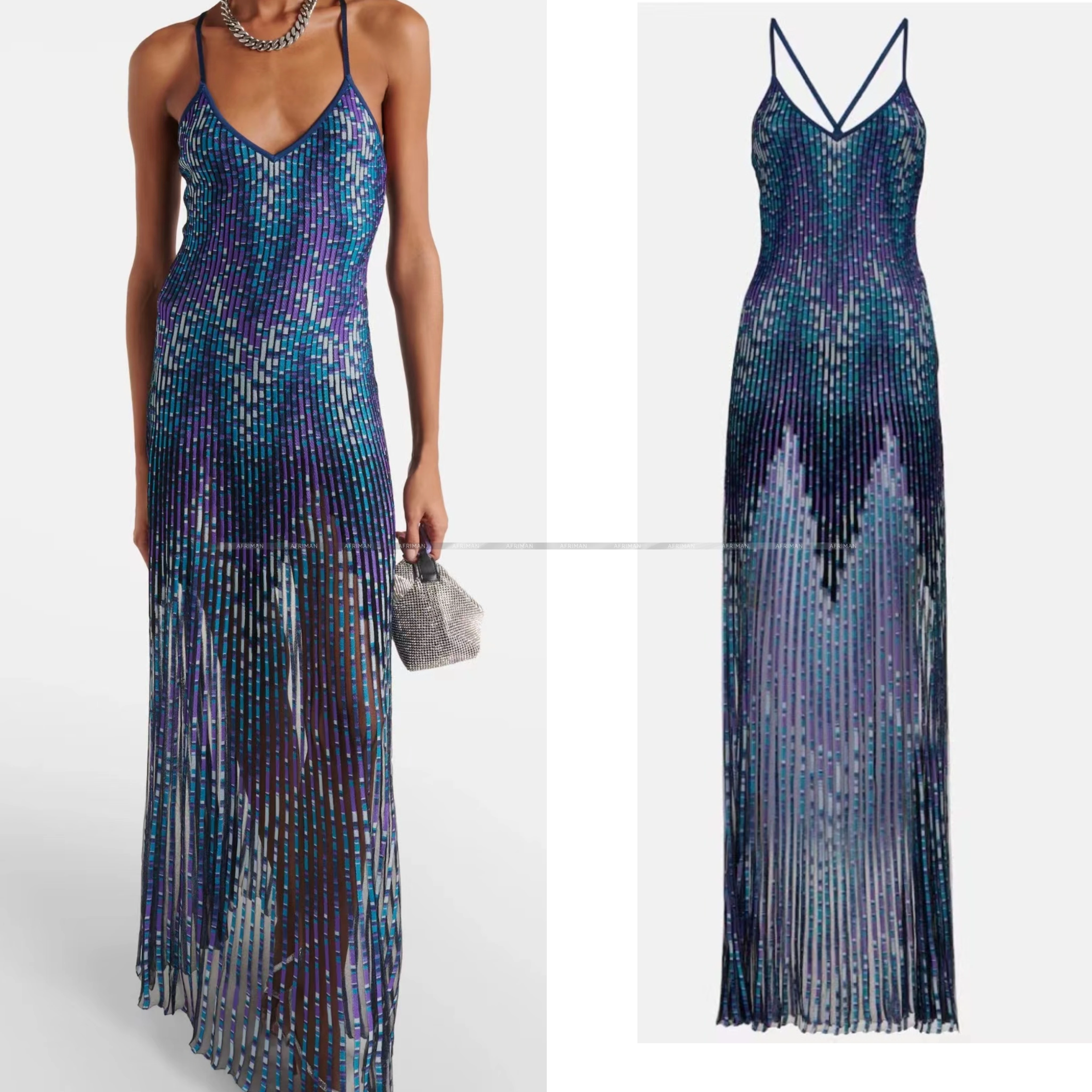 Women Sexy Strapless Geometric Color Collision Backless Maxi Long Pleated Knit Dress