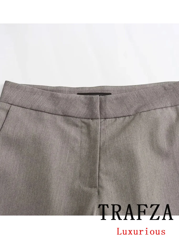 TRAFZA Vintage Office Lady grey Solid Women Suit scollo a V Blazer doppiopetto pantaloni larghi dritti moda 2024 set primaverili