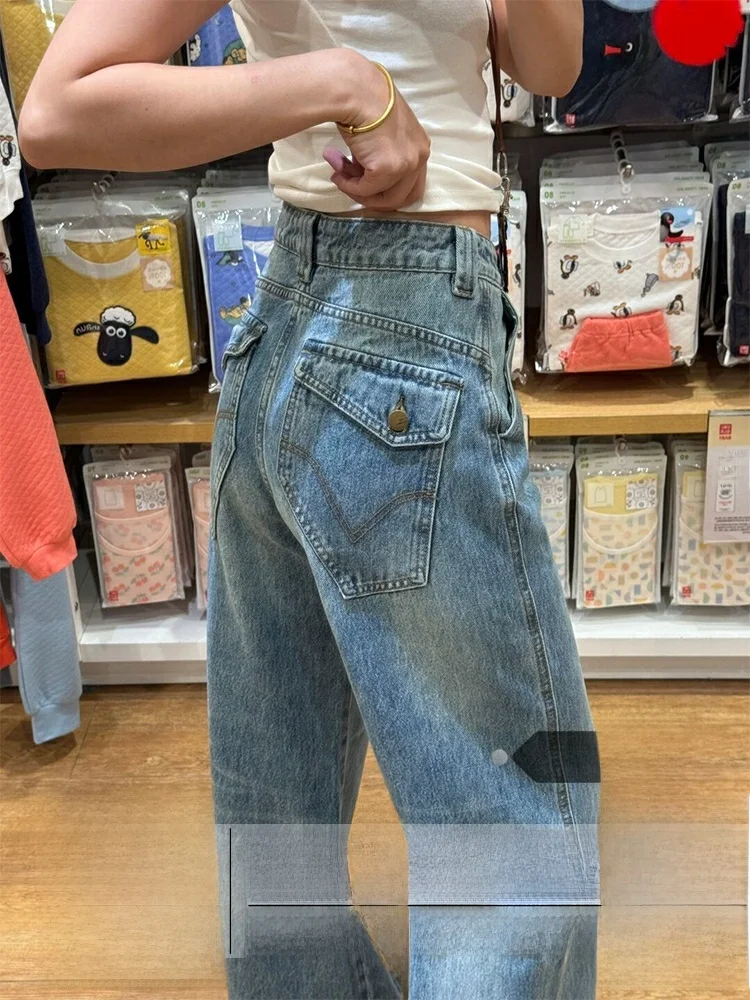 

Retro Large Size Women's Jeans Loose Wide Leg Thin Denim Spring New Sle Faded Leopard Print Low Waist Zipper Pure Color