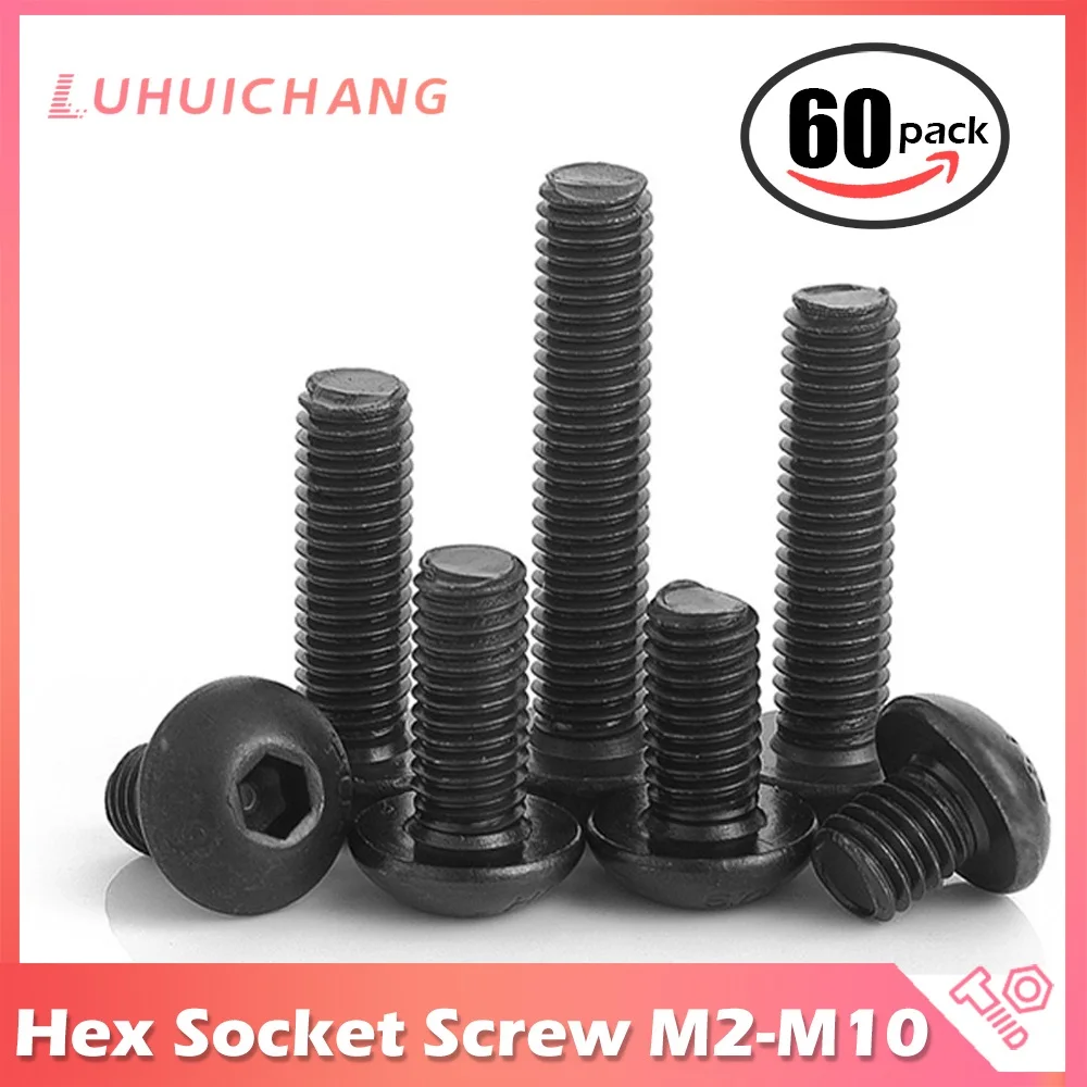 10-60pcs/Lot ISO7380 Hex Screw M2 M2.5 M3 M4 M5 M6 M8 Black Button Head Hex Socket Cap Screw Hexagon Socket Round Head Screws