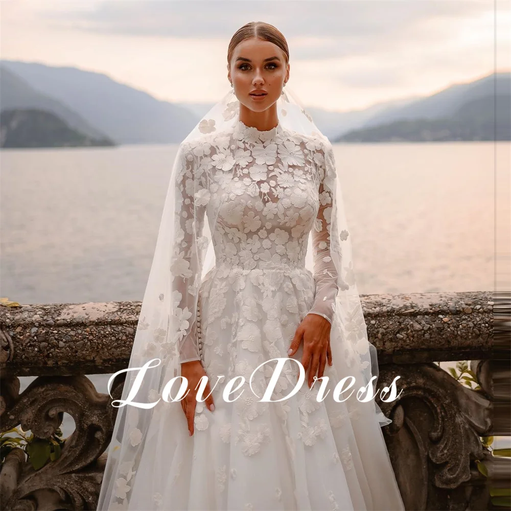 Lovedress-Vestido de noiva floral com renda, manga comprida, gola alta, vestido boho, vestido muçulmano, princesa civil, vestido de noiva luxuoso