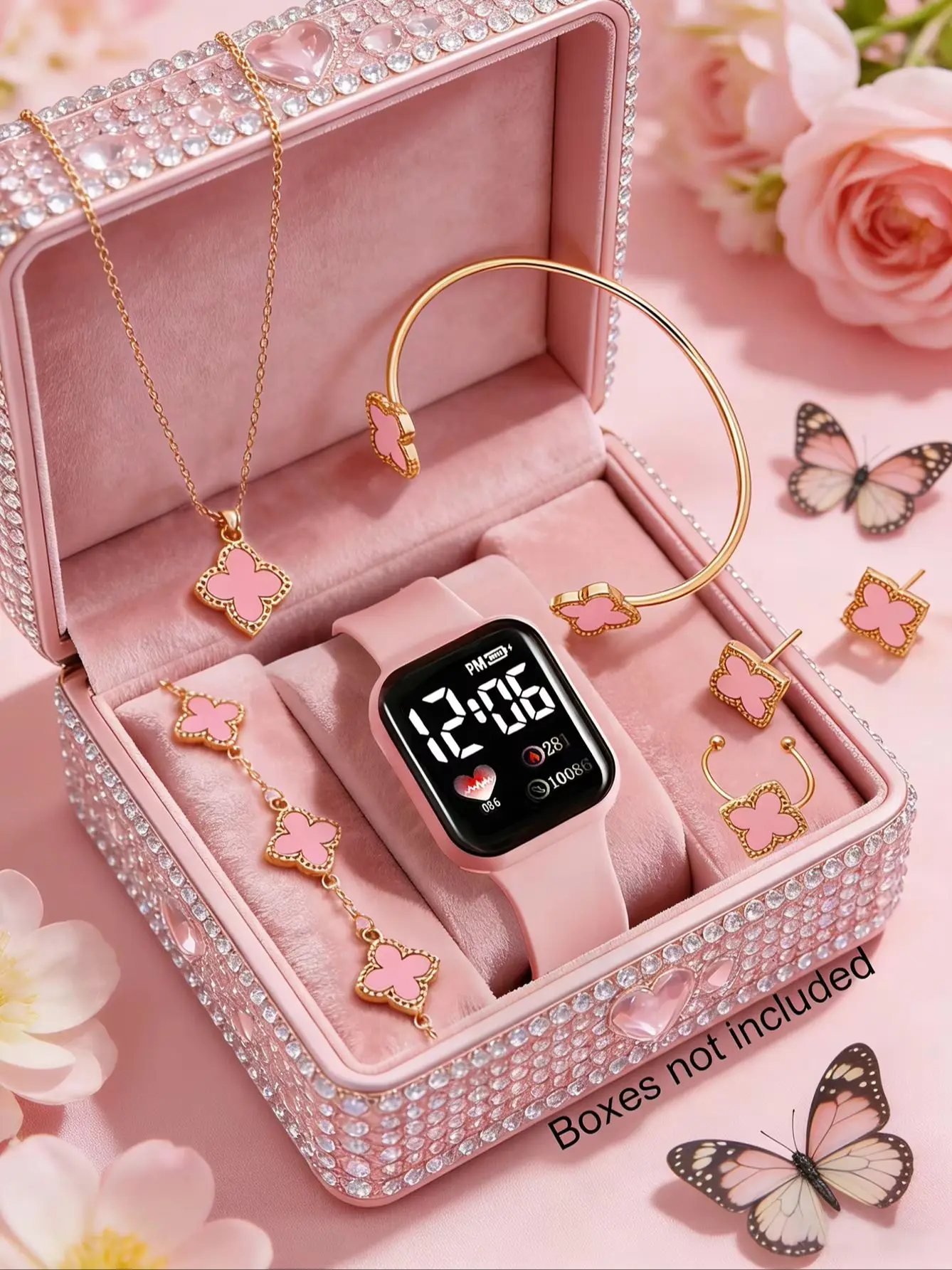 Fashionable Square Electronic Watch Set with Four-leaf Clover Design Versatile Daily Wear Gift for Birthdays