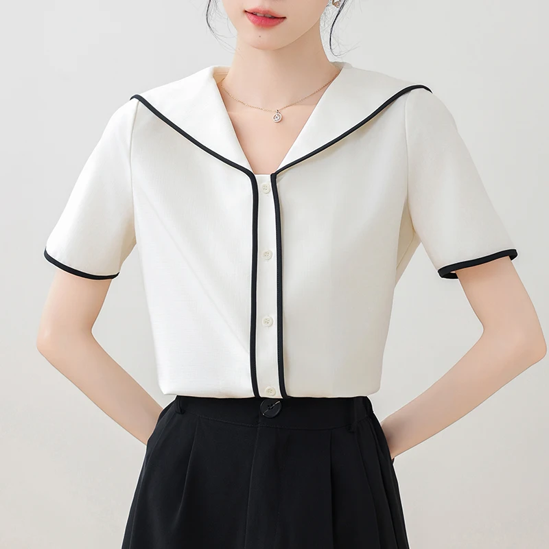 2024 Summer New Sailor Collar Shirts & Blouses Fashion Korean Satin Casual Blouse for Women Patchwork Elegant Office Lady Tops