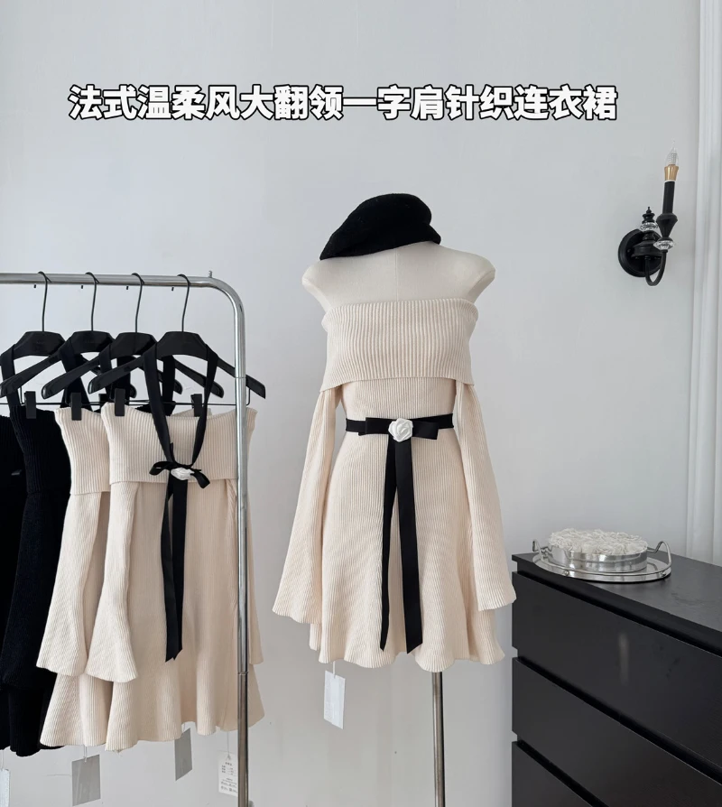 Bomon Elegant Gentle Style French New 2000s Fall/Winter One-Line Shoulder Dress Flower Bow Waist Lapel Knitted Dress For Women