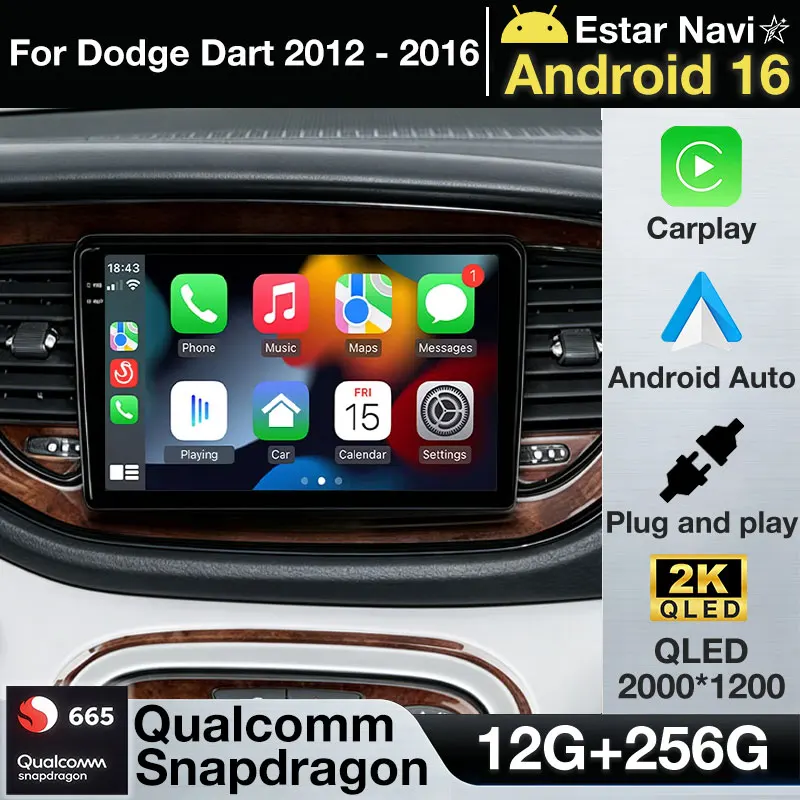 Radio para Auto Android 16 para Dodge Dart 2012-2016, Unidad Principal BT, 4G WIFI, Qualcomm GPS NAVI, Reproductor Multimedia 2DIN, Video, QLED, LTE 5G