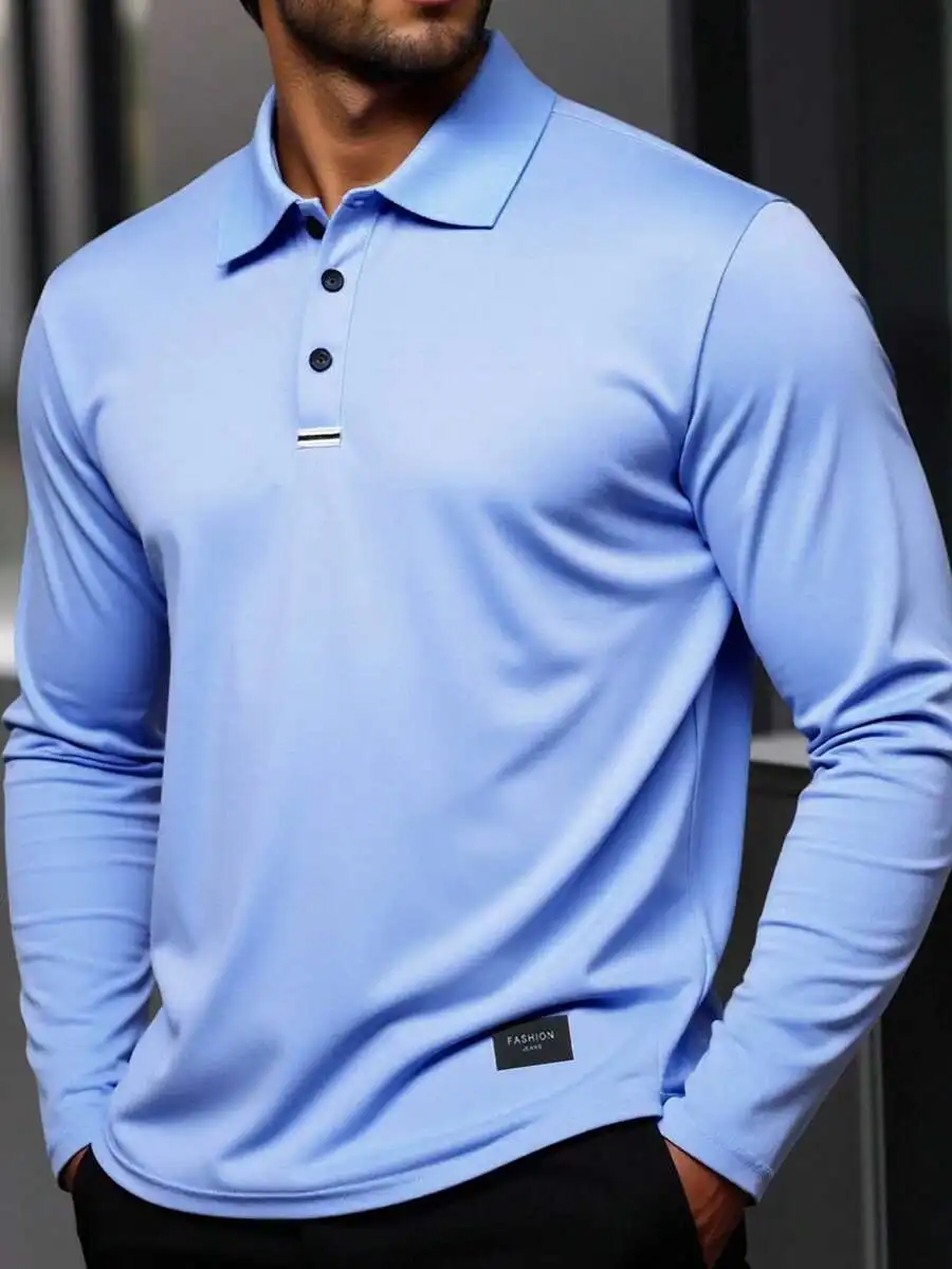 

Men's Light Blue Long Sleeve Loose Fit Casual Polo Shirt
