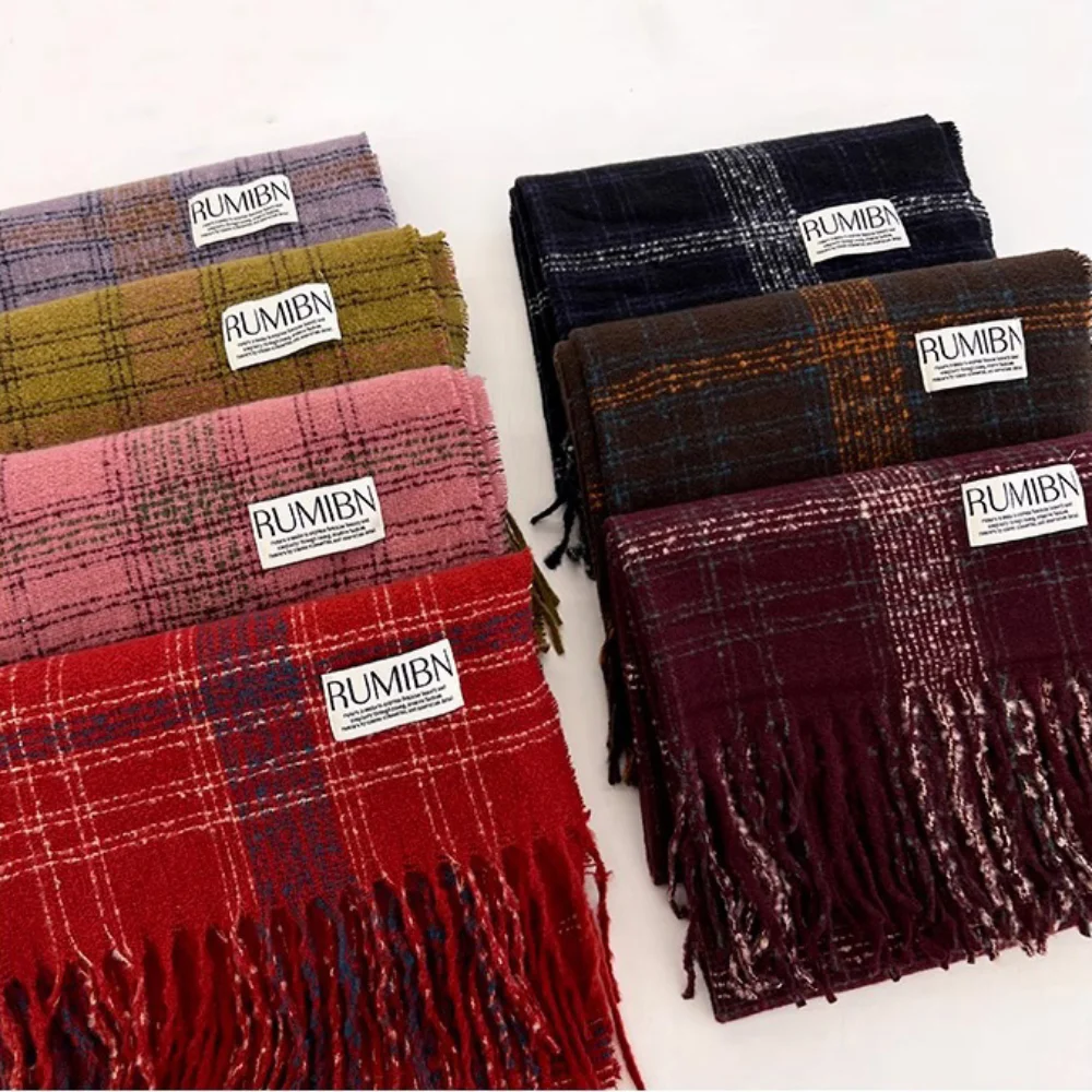 High Quality Angora Fleece Cashmere Scarf Grid Stripe with Tassels Neck Warmer Thickened Windproof Wrap Shawls image 4