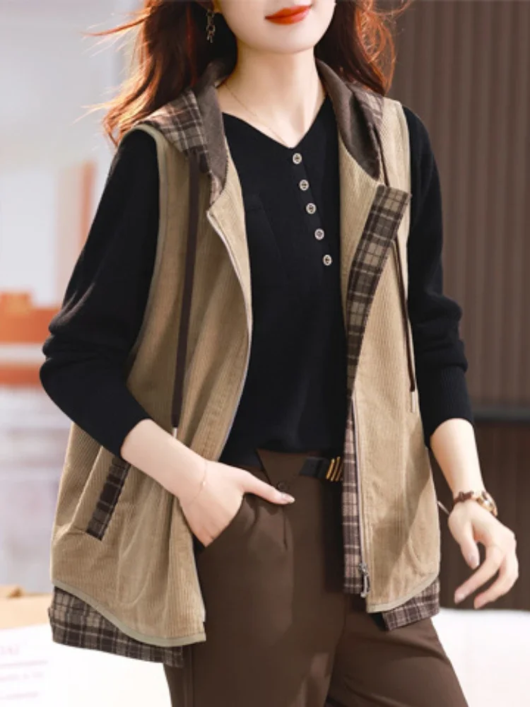 Vintage Oversized Hooded Vest Women Corduroy Sleeveless Cardigan Zip Korean Fashion Spring/summer Jacket Tops Casual New