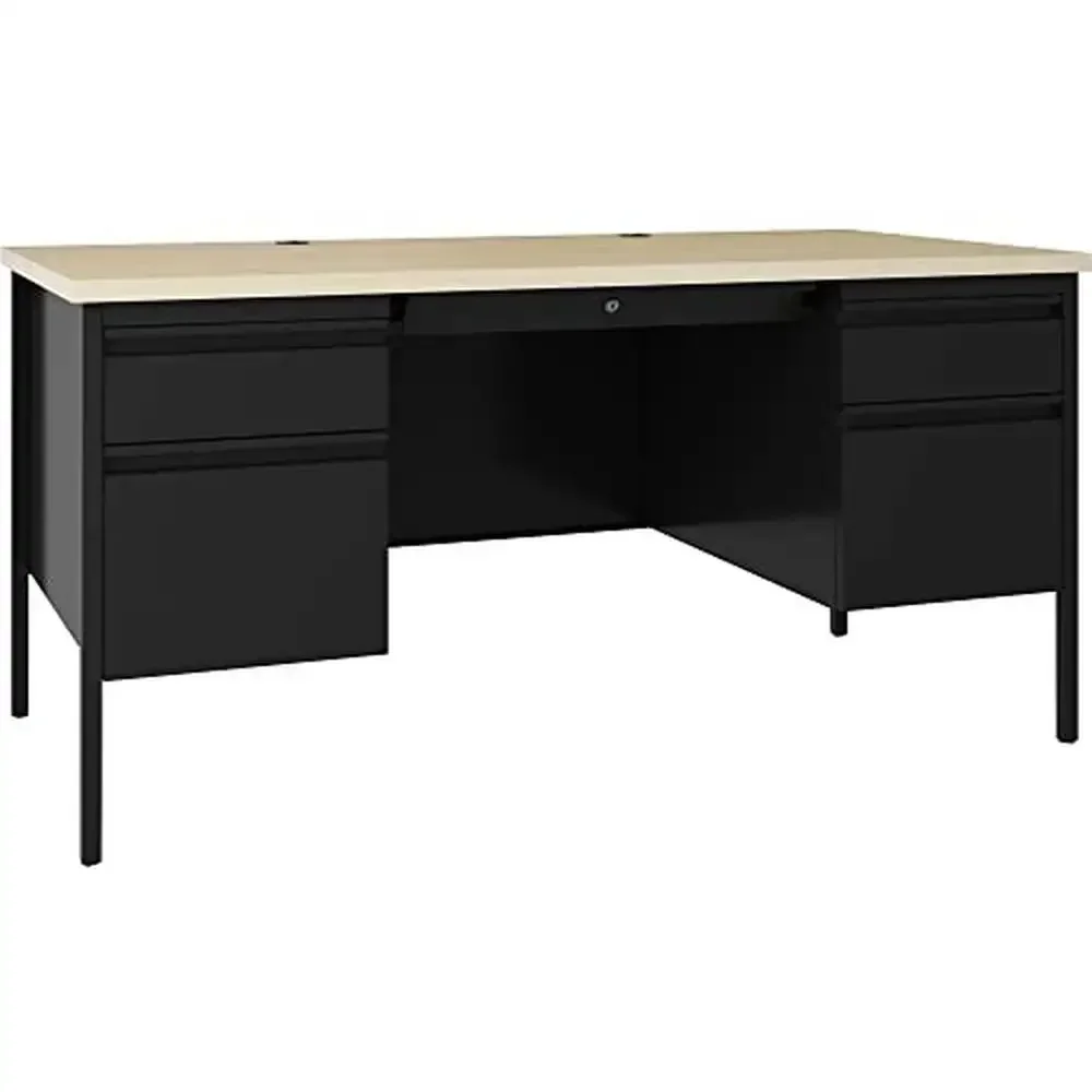 Professional Steel Pedestal Desk with Maple Laminate Top Cord Management Grommets Reinforced Frame Beige Color Square Shape