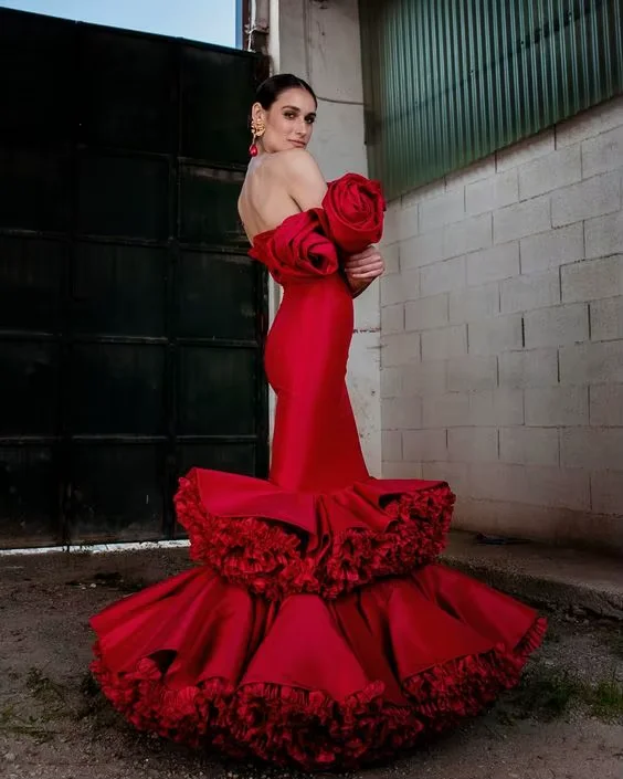 Red Satin Gown With Ruffled Layers And Floral Accents Perfect For Gala Events And Formal Dinners Custom Made Prom Dresses