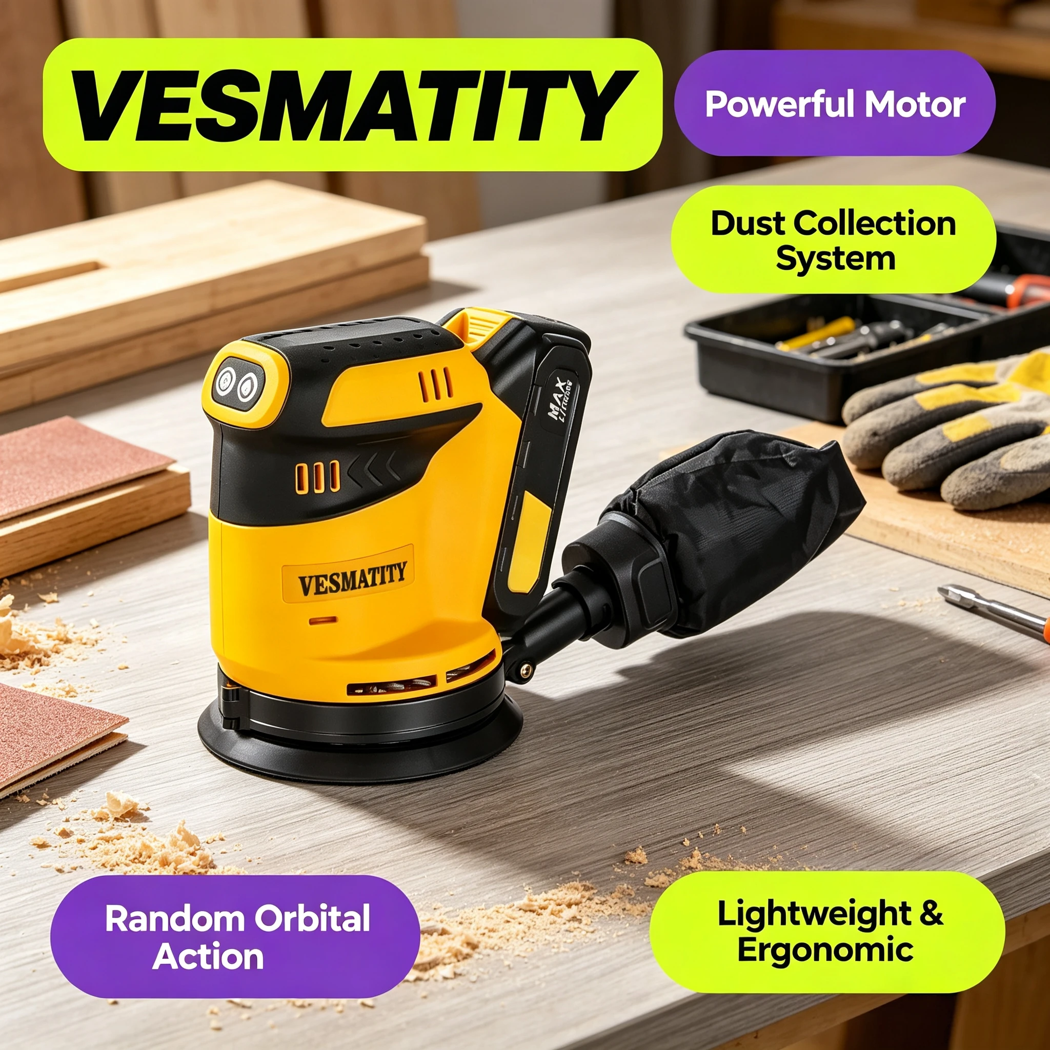 VESMATITY Speed Dust Collection Orbital Sander Heavy Wood Polishing Tool for Construction Workshop Dewalt Battery Pro Ultra