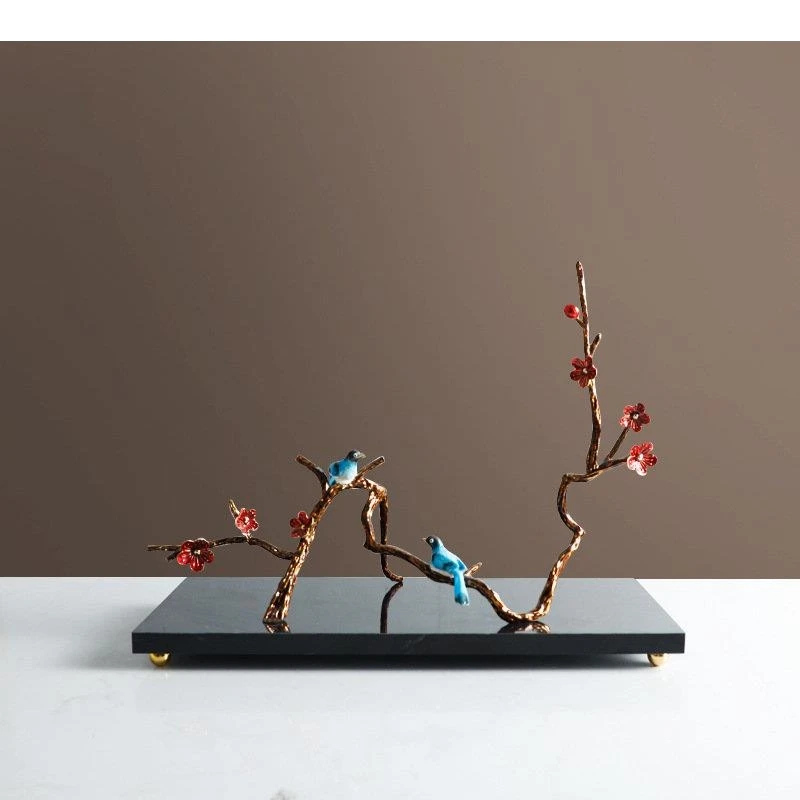 Painted Birds and Flowers Alloy Sculpture Plum Blossom Persimmon Tree Crafts Ornaments Room Aesthetics Decor Desk Decoration