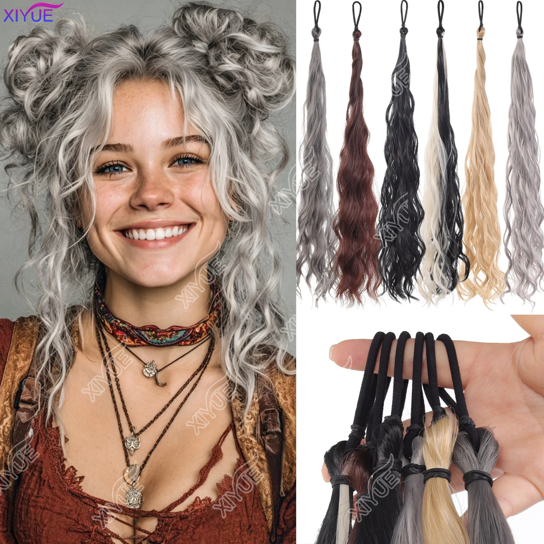 XIYUE Synthetic Water Wave Hair Tied With Ponytail Fluffy and Messy Self Winding Hair Bundle Long Rubber Headband Easy to Wear