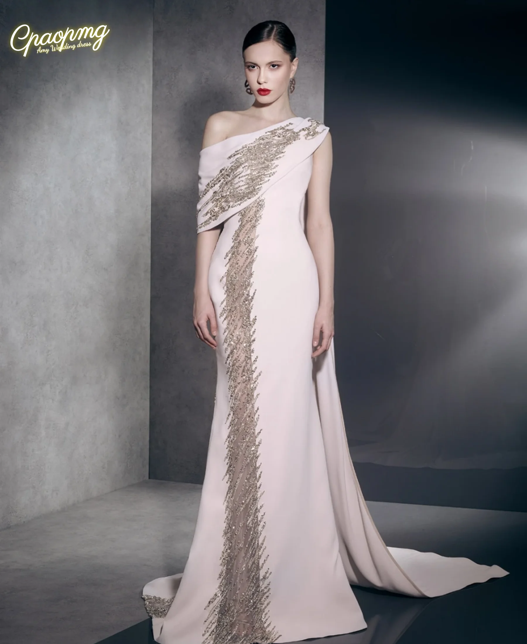 

Customized Shiny One Shoulder Evening Dress Classy Sequined Exclusive Side Cape Cocktail Gown Of High Quality Dress