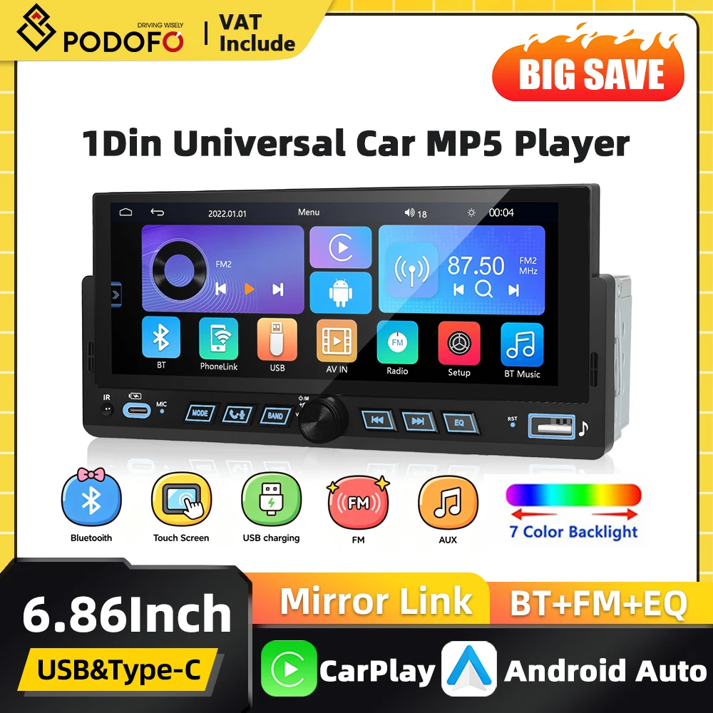 Podofo 6,86 Zoll 1DIN Autoradio mit Touchscreen, integriertem Carplay, Android Auto, Bluetooth, FM, USB, Mirror Link, EQ-Soundanpassung, universelles Fahrzeug-Audio-Equipment