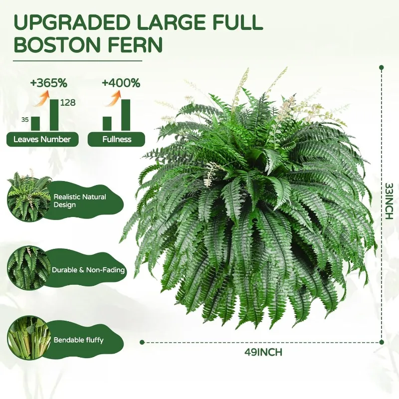 49” kunstmatige varens voor buitenplanter, 128 bladeren per varen, set van 2, grote weelderige nep-Boston-varens hangende planten, UV-bestendig