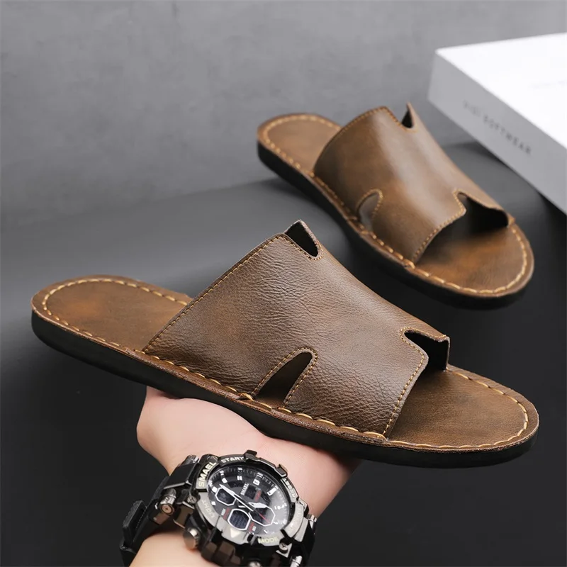 

Мужские повседневные сандалии из натуральной кожи, летние мужские тапочки, уличная дышащая пляжная обувь, удобные шлепанцы на плоской подошве, размер 48