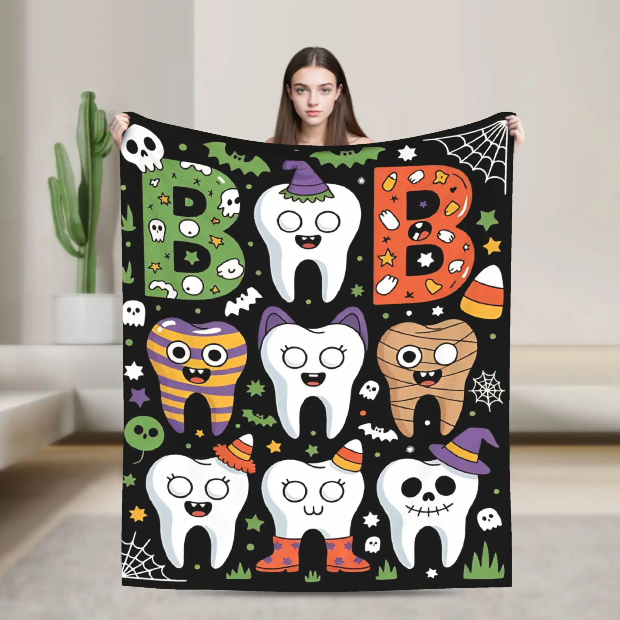 Dental Boo Tooth   Wool Blanket Cartoon Teeth Helloween Vintage Throw Blankets for Bed Sofa Couch 125*100cm Plush Thin Quilt,