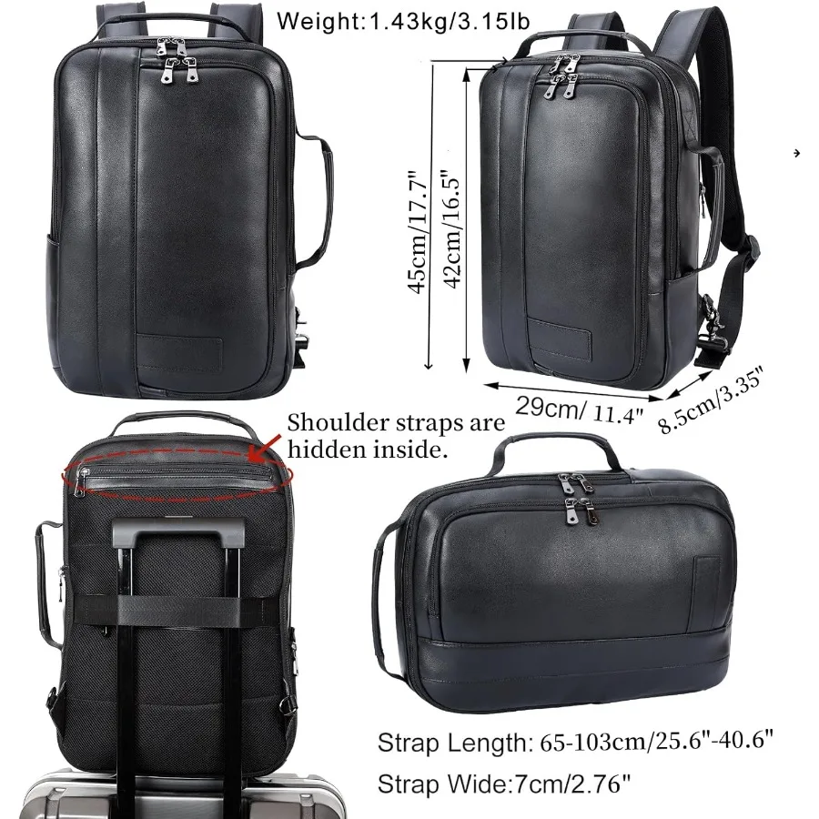 Masa Kawa حقيبة ظهر للكمبيوتر المحمول مقاس 15.6 بوصة من الجلد للرجال حقيبة ظهر قابلة للتحويل حقيبة عمل سوداء قابلة للتوسيع حقيبة عمل رفيعة Tr #6