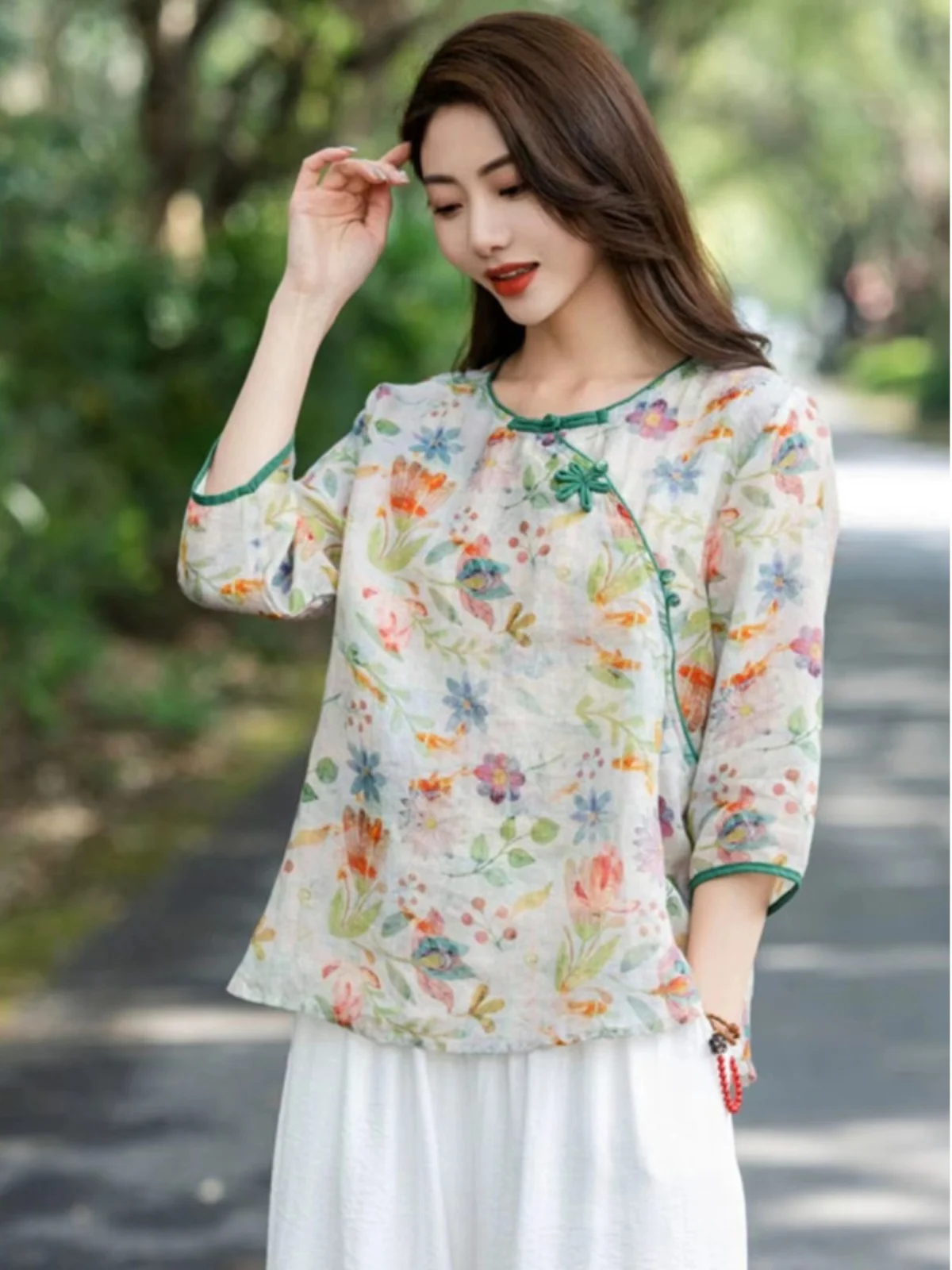 ريترو التباين اللون القطن الكتان طباعة irt المرأة الجديدة الصيف رقيقة Sve سبعة بلوم الأزهار أعلى زر متابعة جولة Ne #2