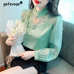 Women Satin Vintage Embroidery Elegant Blouses Spring Autumn Fashion Stand Collar Sexy Hollow Shirts Green Long Sleeve Chic Tops