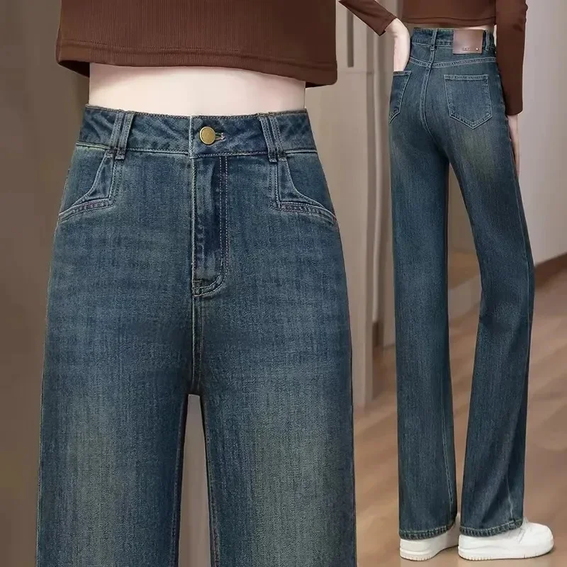 

Весенне-осенние женские модные ковбойские брюки, женские прямые джинсы с высокой талией, женские свободные джинсовые брюки большого размера 4XL