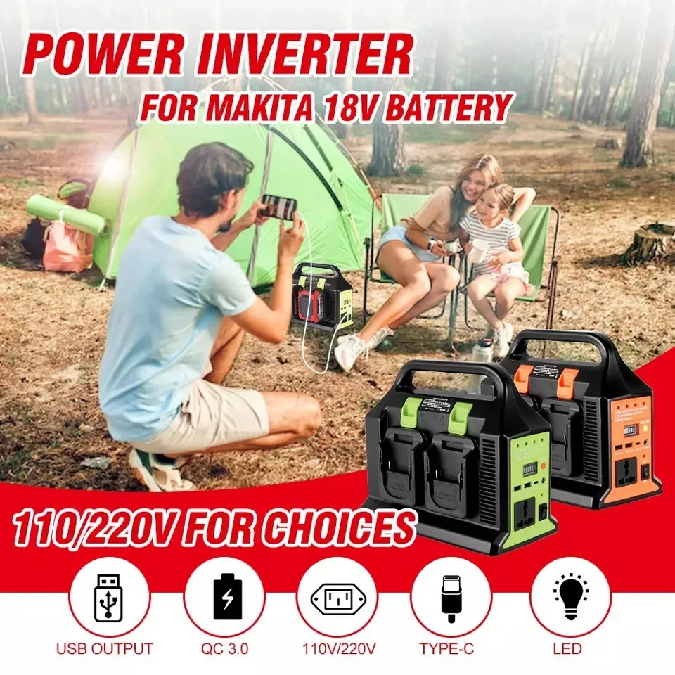 

Power Inverter 110V 220V Outdoor Mobile Lithium Battery Inverter For Makita/DeWalt/Milwaukee/Bosch 18v Battery With USB Type-C