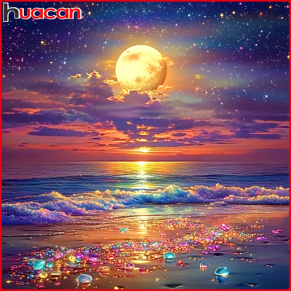 Huacan 5D-Diamantgemälde zum Selbermachen, Meer, Mond, Diamant-Mosaik, Landschaft, neue Kollektion, dekorative Gemälde
