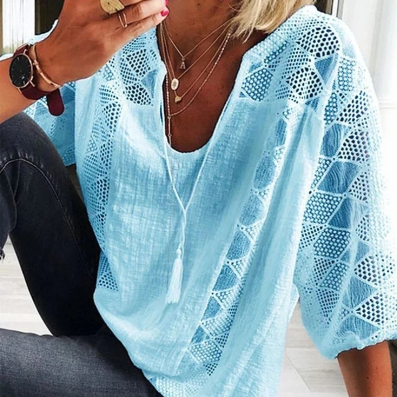 Elegant Summer Lace Stitching Blouse Women Tops Vintage U-neck Three Quarter Sleeve Cotton Shirt 2023 Casual Loose Clothes 24294