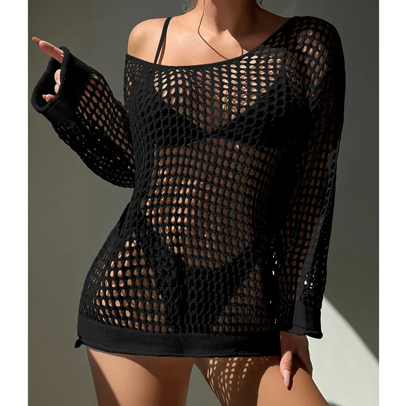 

Knitting Loose Swimsuit Cover-Ups Sexy Hollow Out Round Collar Top Women Summer Beach Holiday Fashion Sunscreen Smock Top