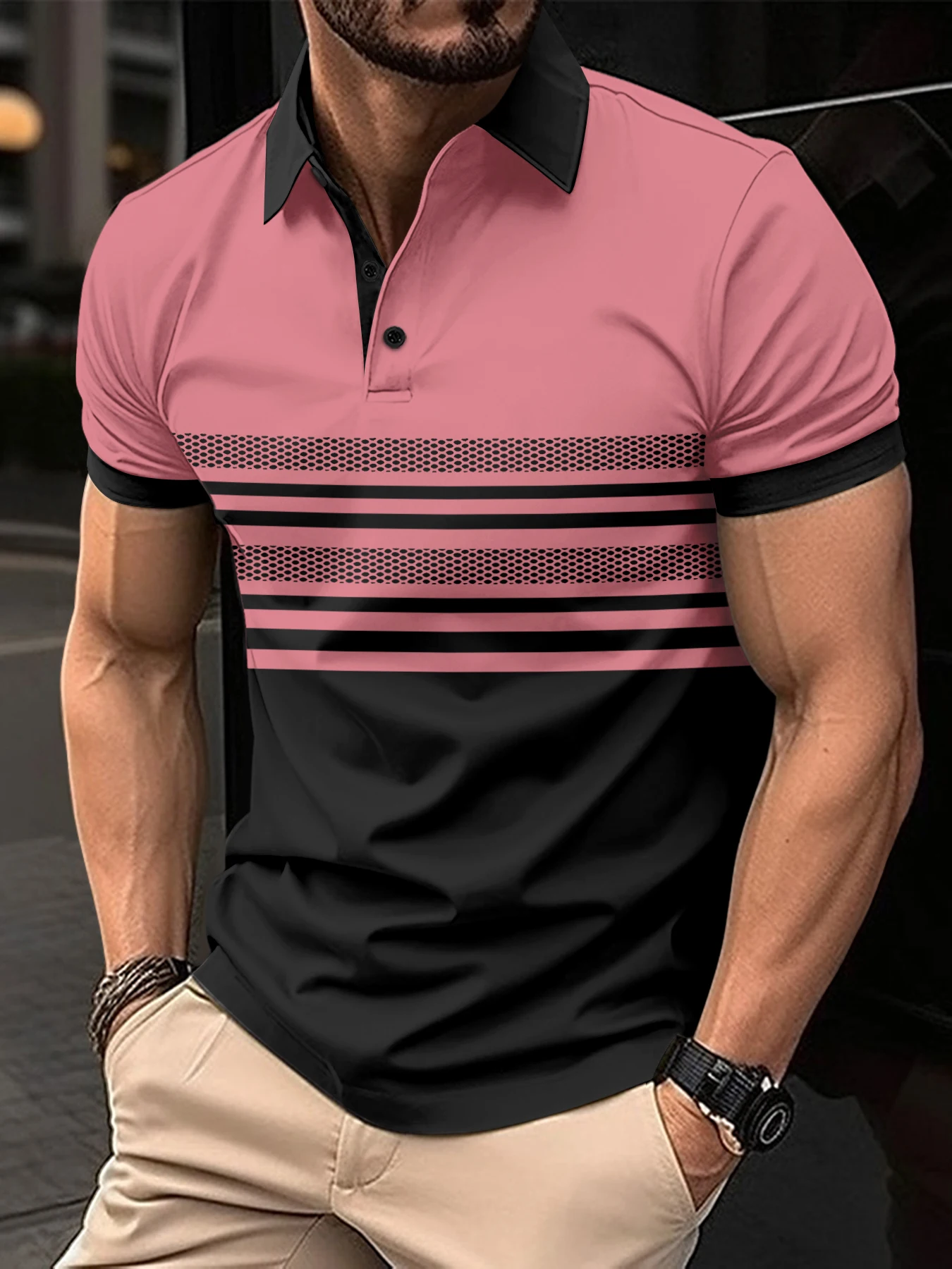 2024 New Men\'s Summer Short-Sleeved Polo Shirt Classic Striped Printed Polo Shirt Casual High Street Men\'s T-Shirt