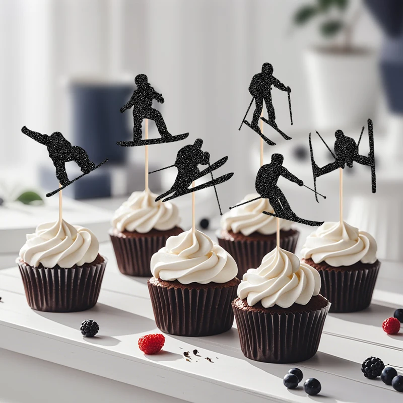 YOMDID 24 Stück Cupcake-Topper mit Ski-Thema, Silhouette, Skifahrer, Snowboarden, Cupcake-Topper, Picks für Winter-Kuchen-Dekorationen, Zubehör – Detail 10