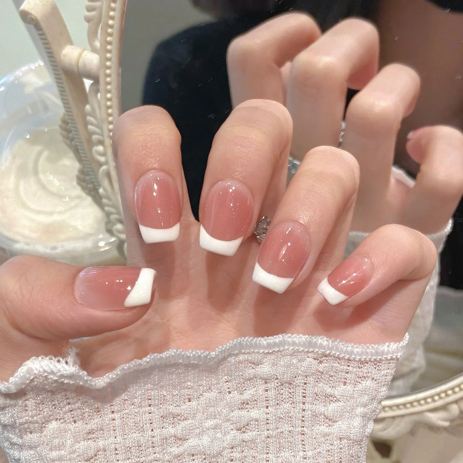 

10Pcs Handmade Blush Pink Press On Nails, White French Short Square Fake Nails, Minimalist Ombre Acrylic False Nails for Women