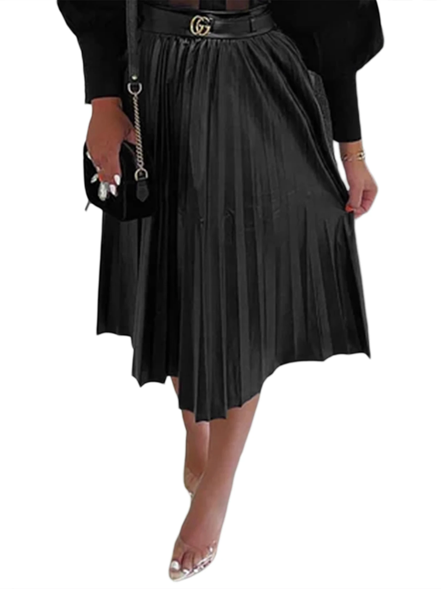 

Women s Elegant Faux Leather Midi Skirt Vintage High Waist Solid Color Zip Up Pleated Flare A Line Skirt