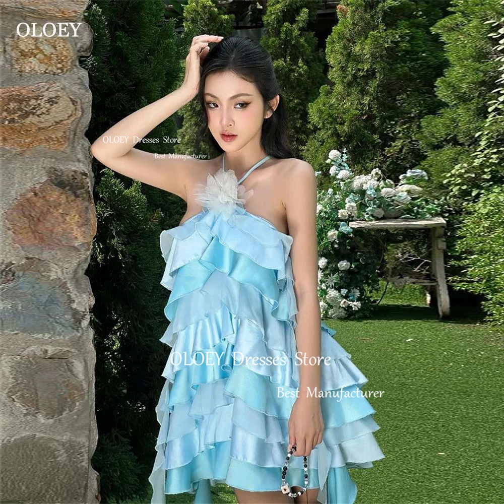 OLOEY Sexy Sleeveless Blue A Line Mini Prom Party Dresses Unique Chiffon Dress Korea Evening Gowns