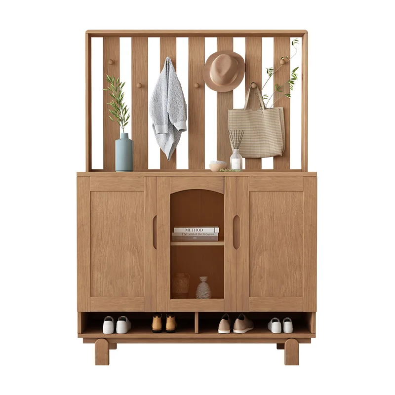 

Modern simple solid wood shoe cabinet entry living room gold pear wood large capacity hanger integrated storage
