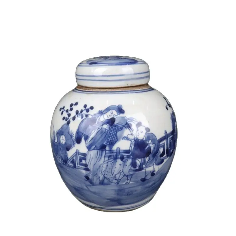 

China Old Porcelain Blue and White Character Figure pattern Cover Can Covered Storage Pot