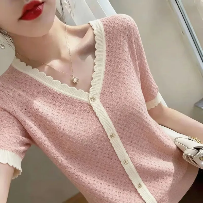 Womens V Neck Short Sleeve Knit Top Ice Silk Color Block Summer Cardigan