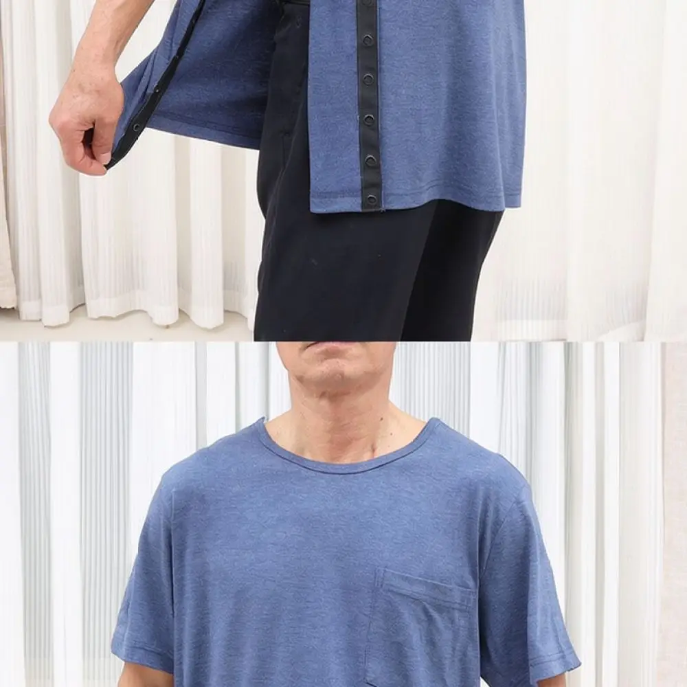 Mens Snap Button Adaptive Top Full Side Opening Patient Care Garment Post Operation Recovery Bedridden Elderly Daily Nursing Aid