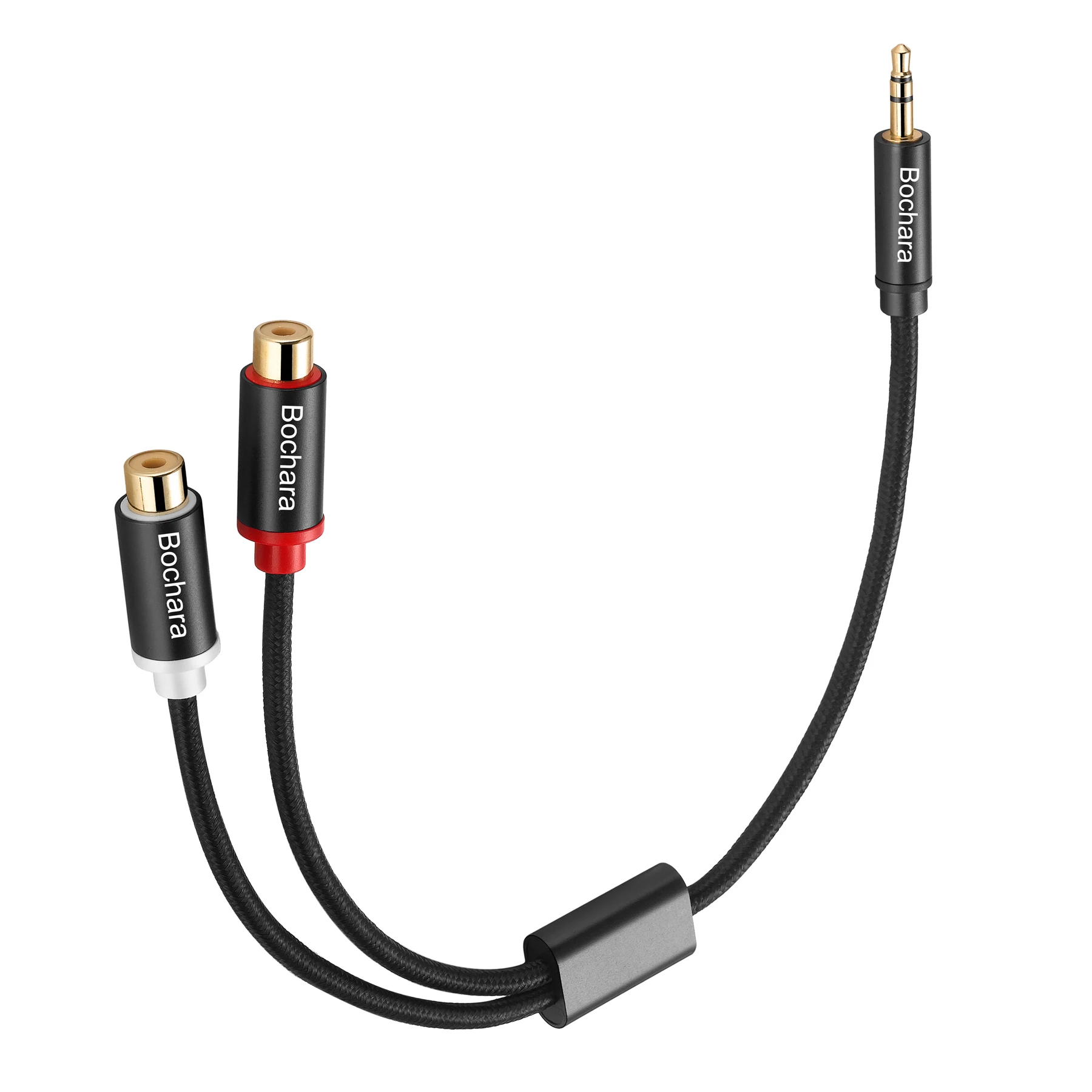 Bochara pleciony 30cm 3.5mm Stereo Aux męski na 2RCA żeński kabel konwertera audio folia + pleciony ekranowany