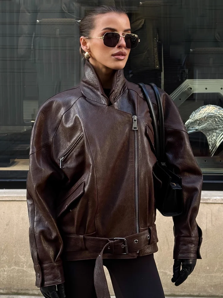

Women Solid Stand Collar Leather Jacket Fashion Zipper Pocket Long Sleeve Belt Loose Jackets Lady Chic Daily Highstreet Coat