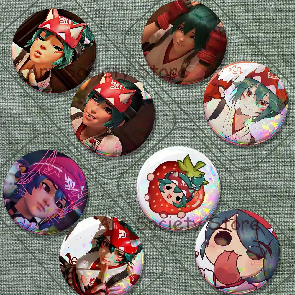 O-Overwatch K-Kiriko Brooches for Backpack Accessories 25,32,44,58,75mm Round Enamel Pins 2-piece set Cartoon Anime Badge