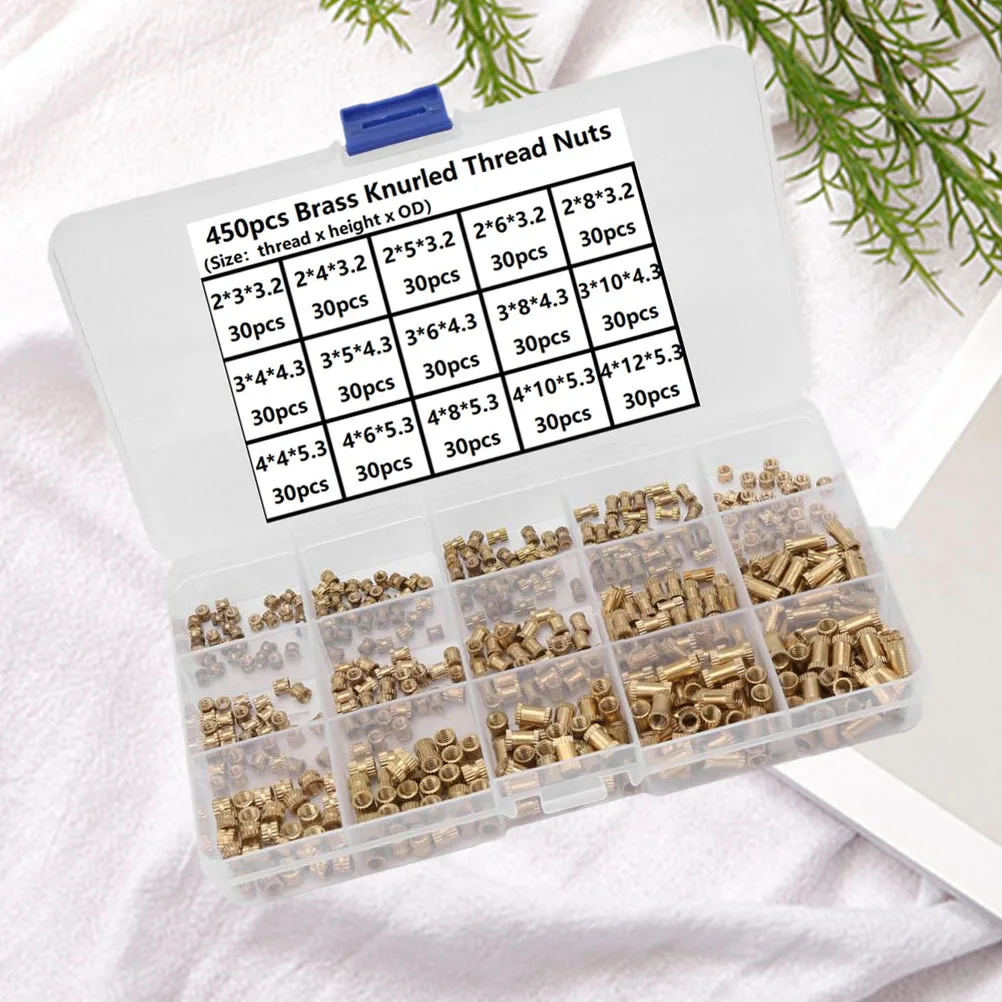 

450 шт. M2-M4 латунный набор крепежных гаек с накаткой, золотые термопластичные вставки, набор гаек для автомобильной медицинской электроники
