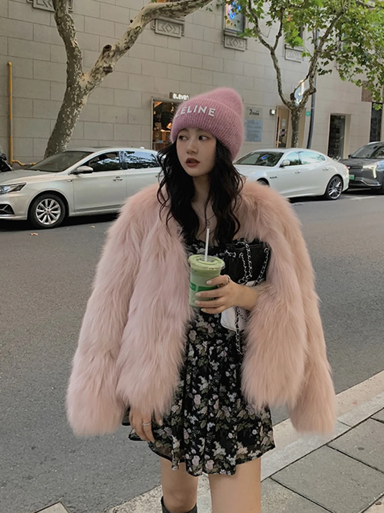 女性用エレガントフェイクファーコート、ヴィンテージ風スリムロングスリーブフェイクフォックス暖かいジャケット、冬用韓国風無地女性用Oネックレトロスイートトップス新作