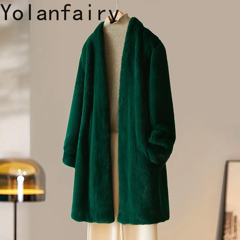 YOLANFAIRY معطف الفرو الطبيعي النساء ملابس الخريف الشتاء منتصف طول كامل فرو المنك الستر للمرأة الخامس الرقبة معاطف الفرو الأخضر